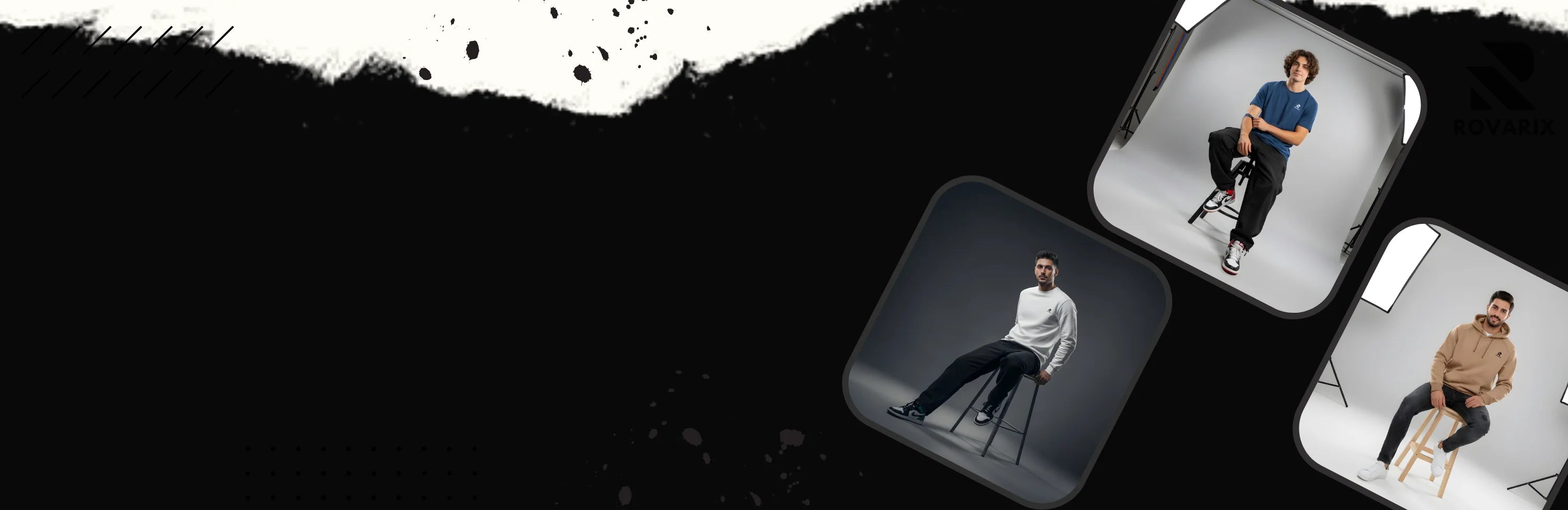 Three circular frames showing people in different poses on a black background with white paint strokes.