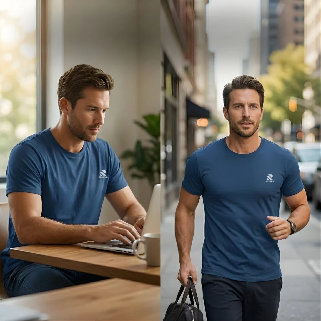 Man wearing a blue t-shirt with a logo, working on a laptop indoors and walking outdoors.