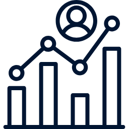 Icon of a bar chart with a user icon and upward arrow, representing user engagement or growth analysis.