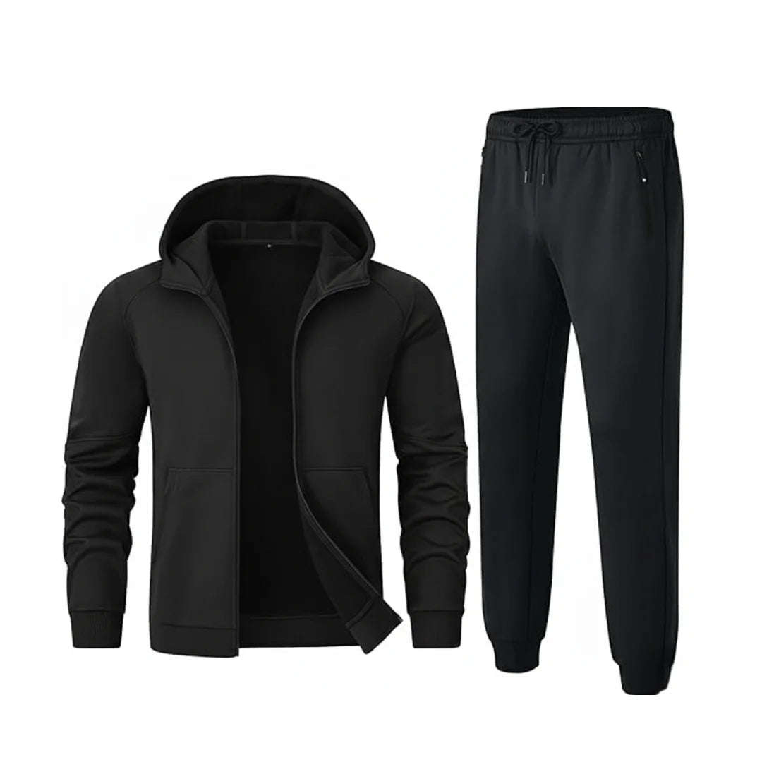 Rovarix athletic apparel men's all-black two-piece tracksuit set full-zip hooded jacket with kangaroo pocket 