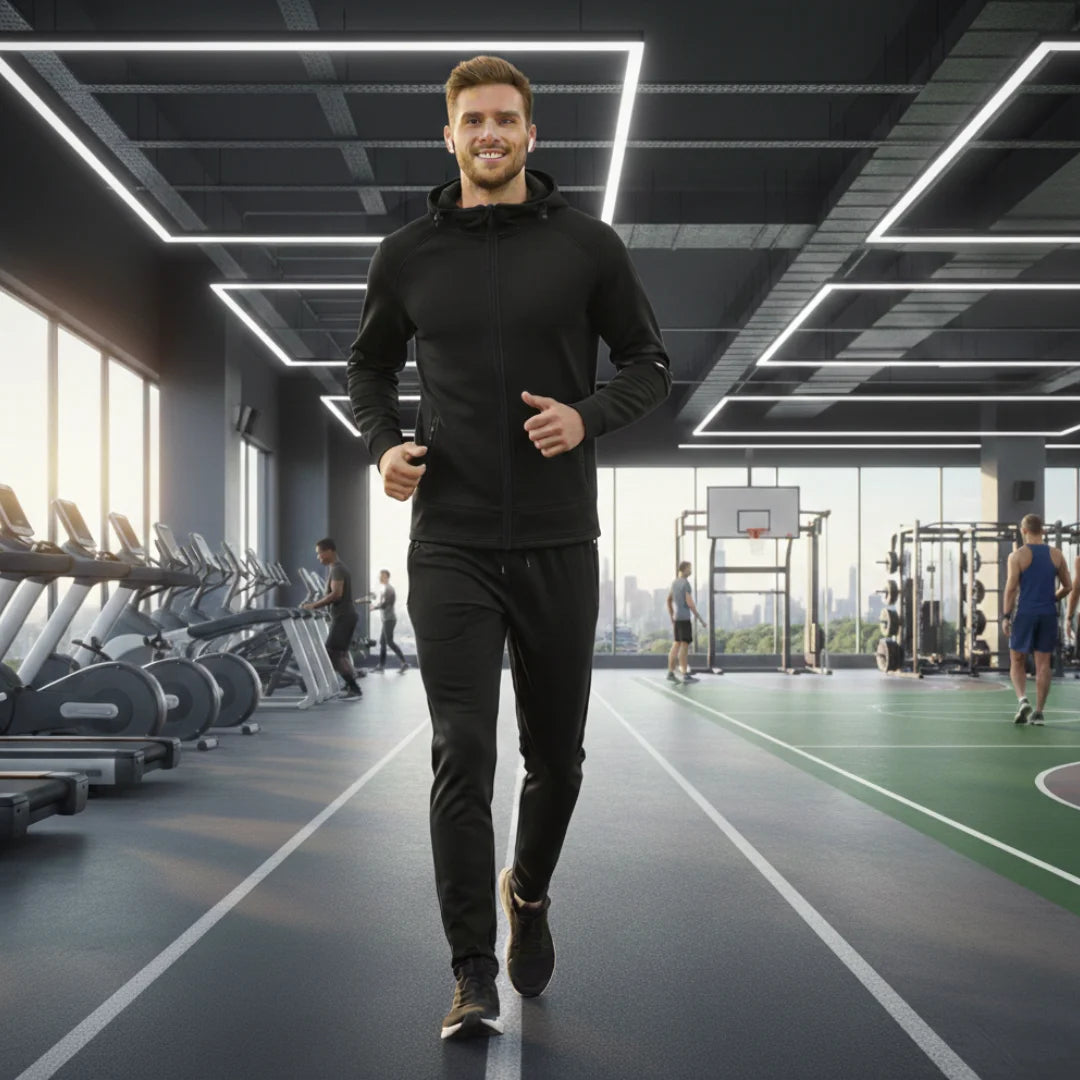 Man wearing Rovarix athletic apparel all-black tracksuit set jogging on indoor gym track 