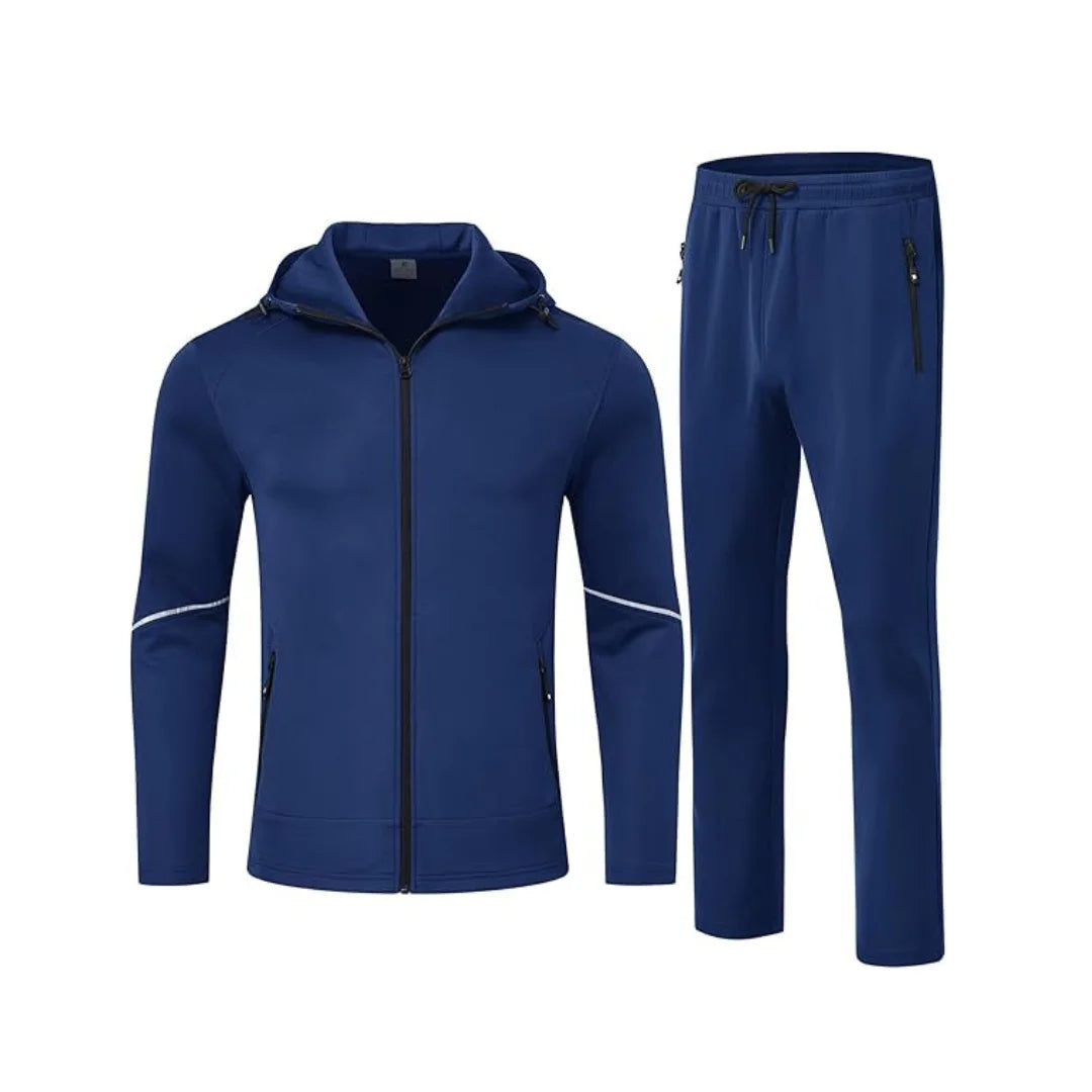 Rovarix athletic apparel men's navy blue two-piece tracksuit set full-zip hoodie with white reflective sleeve