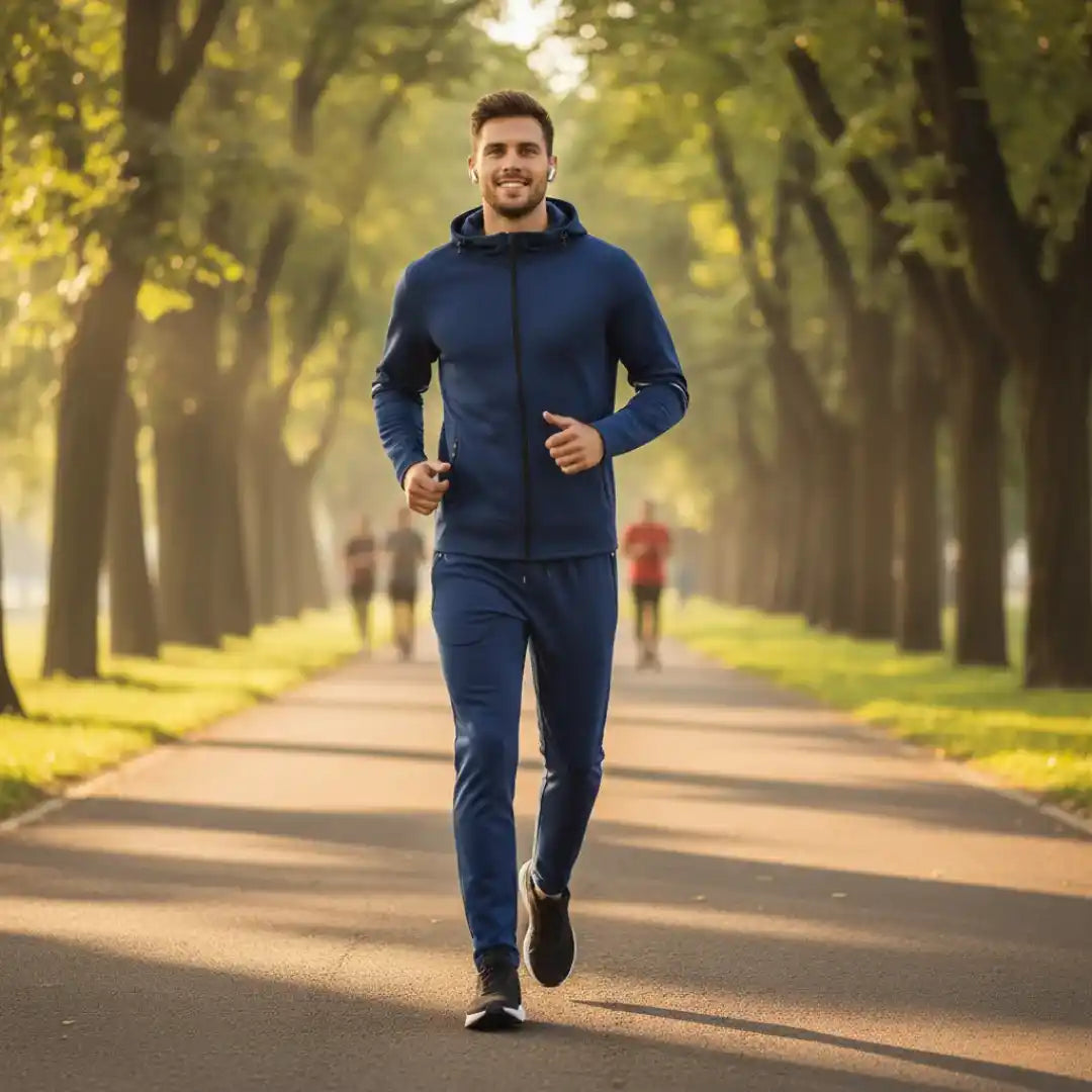 Man wearing Rovarix athletic apparel navy blue tracksuit set jogging through sunlit tree-lined park path