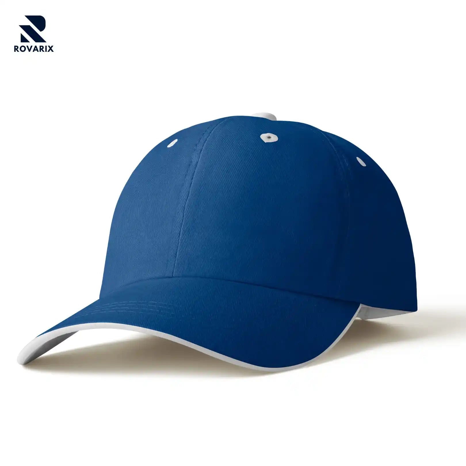 Blue cap with white brim on a white background, featuring the Rovarix brand.