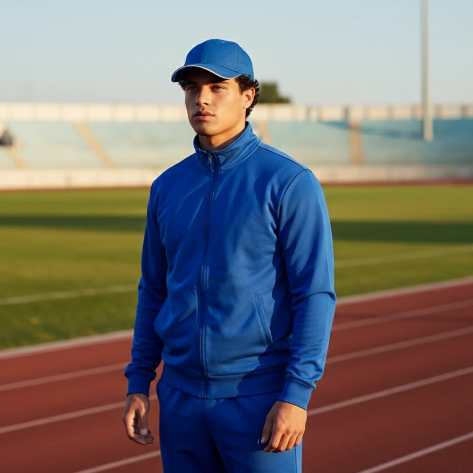 Person wearing a blue tracksuit and Athletic Baseball Cap on a running track