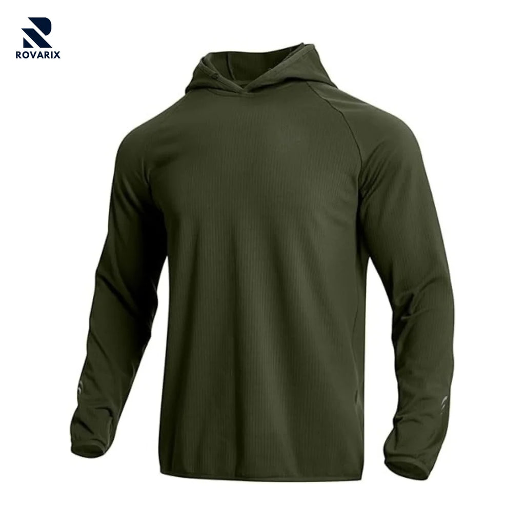 Rovarix men's olive athletic hoodie sweatshirt moisture-wicking integrated hood thumbholes