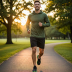 Man wearing Rovarix olive athletic hoodie sweatshirt running through park at sunset 