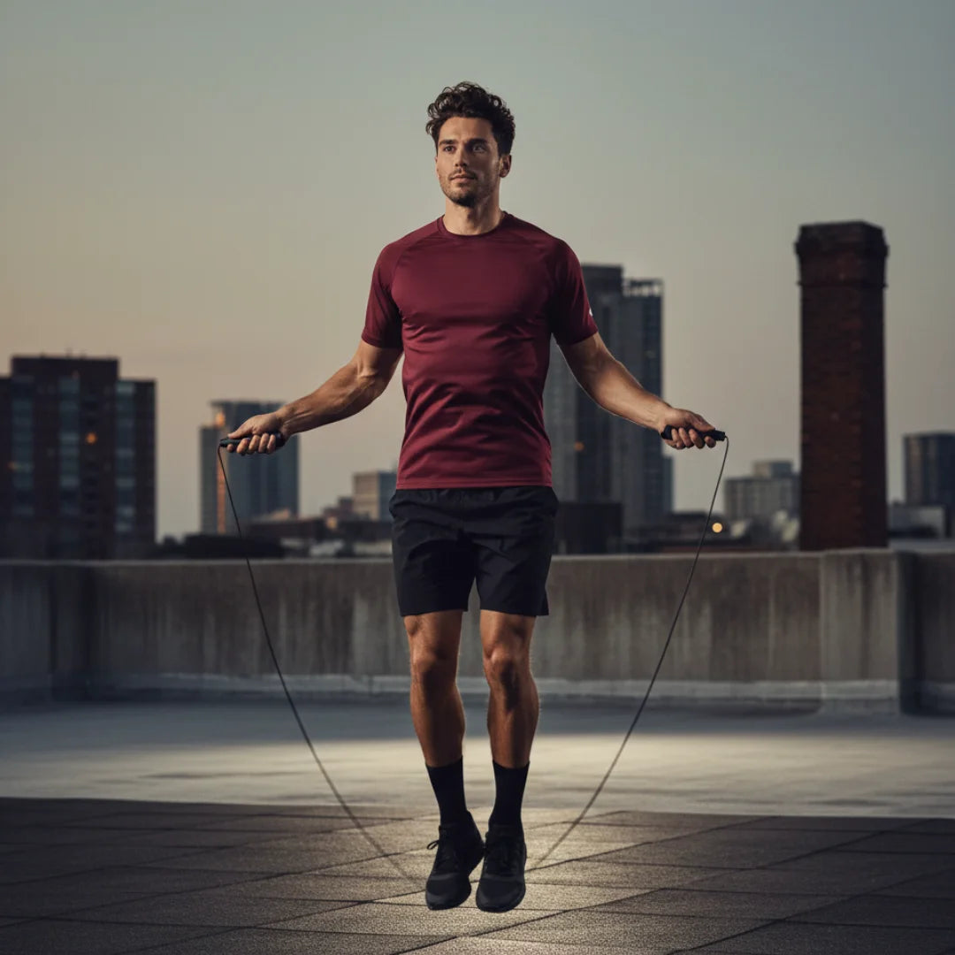 Athletic man wearing Rovarix maroon athletic shirt jumping rope on urban city rooftop at dusk 