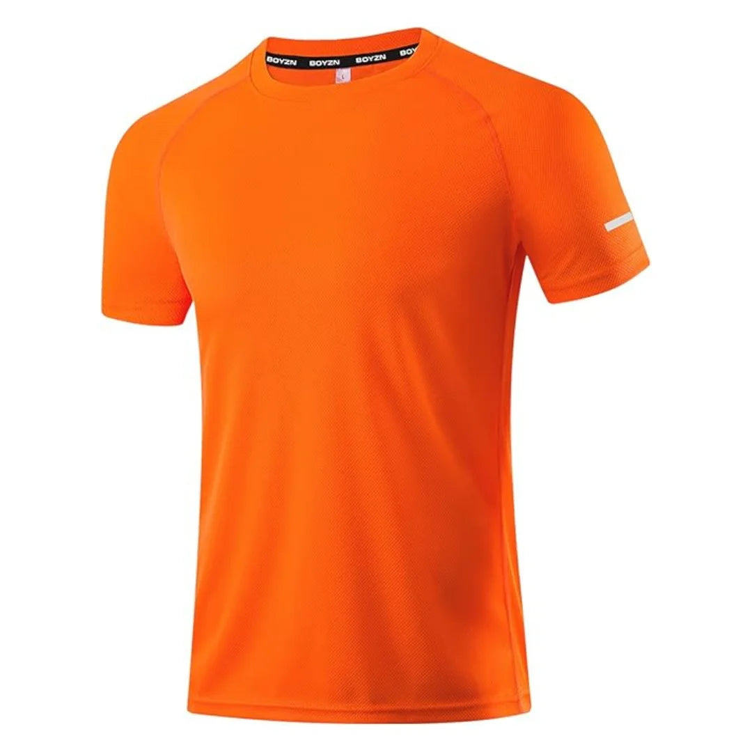 Rovarix men's orange athletic shirt premium textured performance mesh raglan sleeves crew neckline reflective sleeve tab flat lay