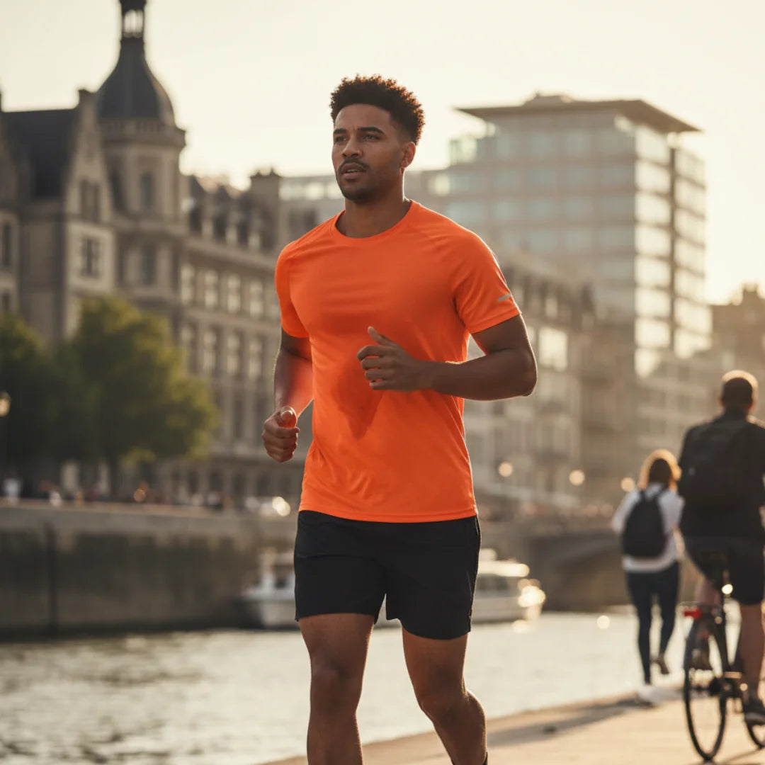 Athletic man wearing Rovarix orange athletic shirt running along city riverfront at golden hour