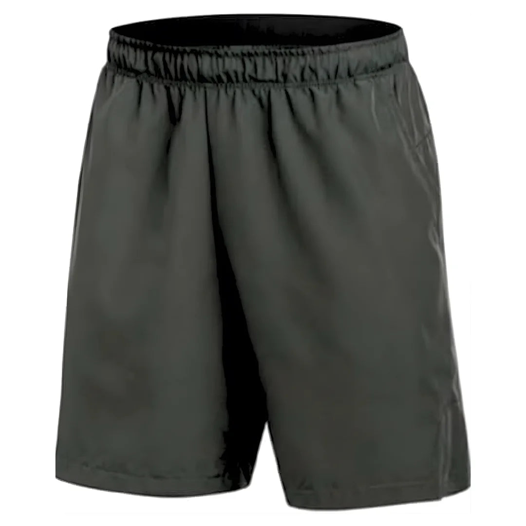 Charcoal grey athletic shorts with contrasting black elastic waistband, side slash pockets