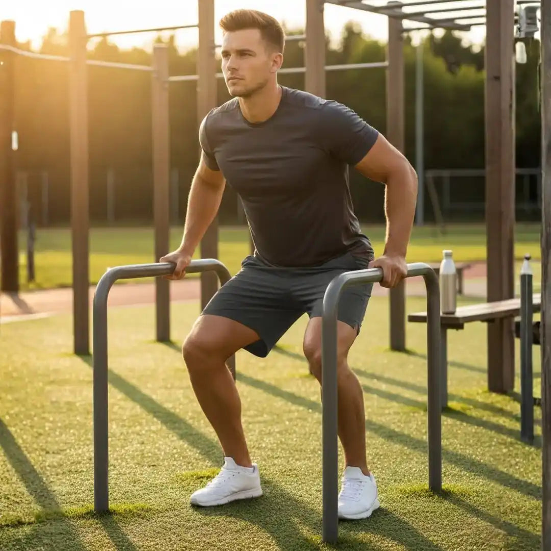 thletic man performing dips on outdoor calisthenics bars wearing charcoal/dark grey 