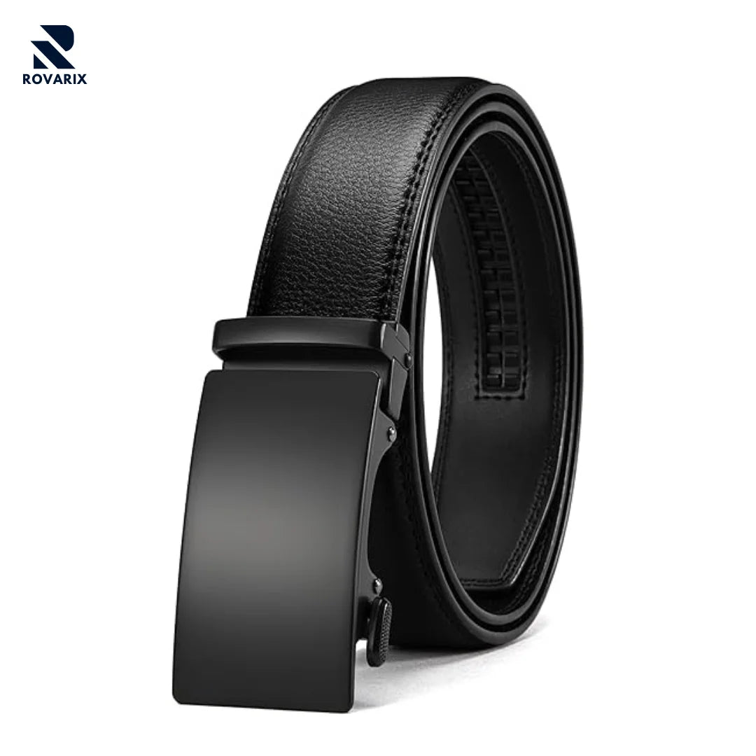 Rovarix black leather automatic ratchet belt with sleek sliding buckle mechanism
