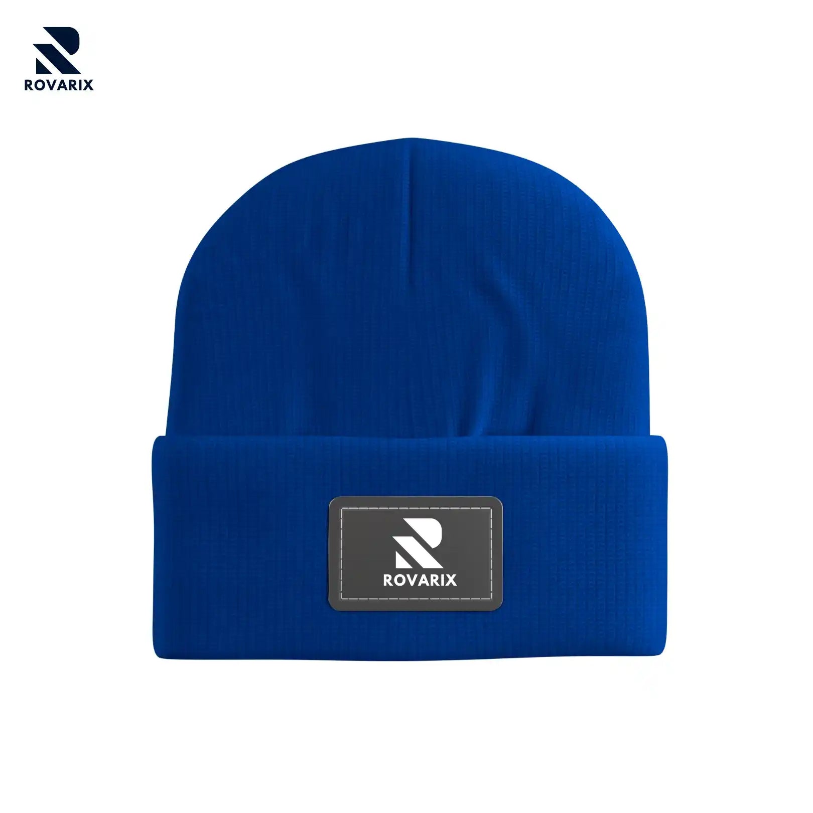 Rovarix royal blue knit beanie with signature logo patch on cuff branded winter hat