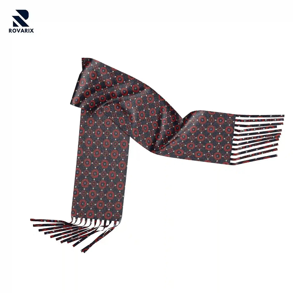Navy and red geometric patterned luxury scarf with fringe on a white background.
