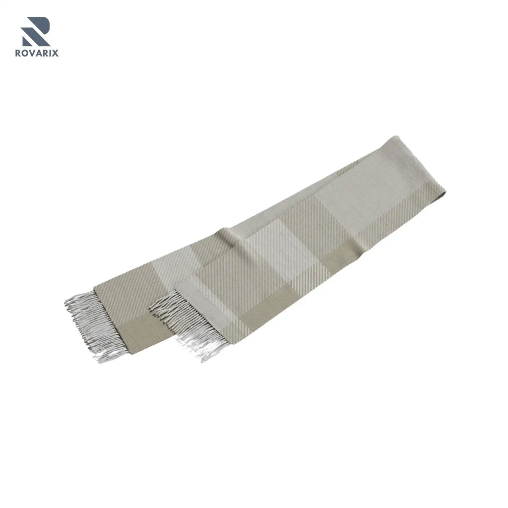  Luxury beige and cream checkered scarf with tassel fringe on white background.