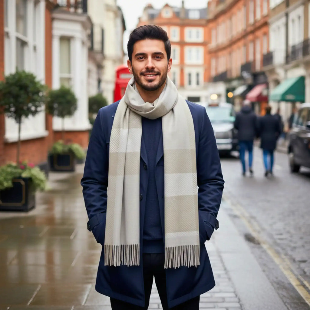 Man wearing a navy overcoat and beige plaid Rovarix scarf walking in a city street.