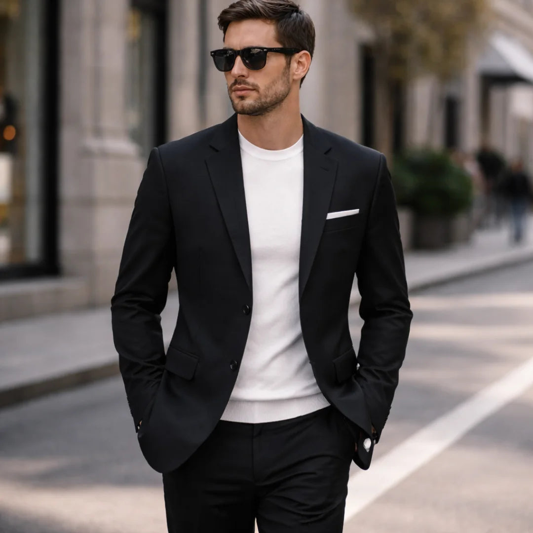 Man wearing Rovarix black slim-fit blazer with white crew-neck shirt and sunglasses walking
