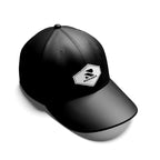 Rovarix black baseball cap with white hexagonal logo patch front angle view
