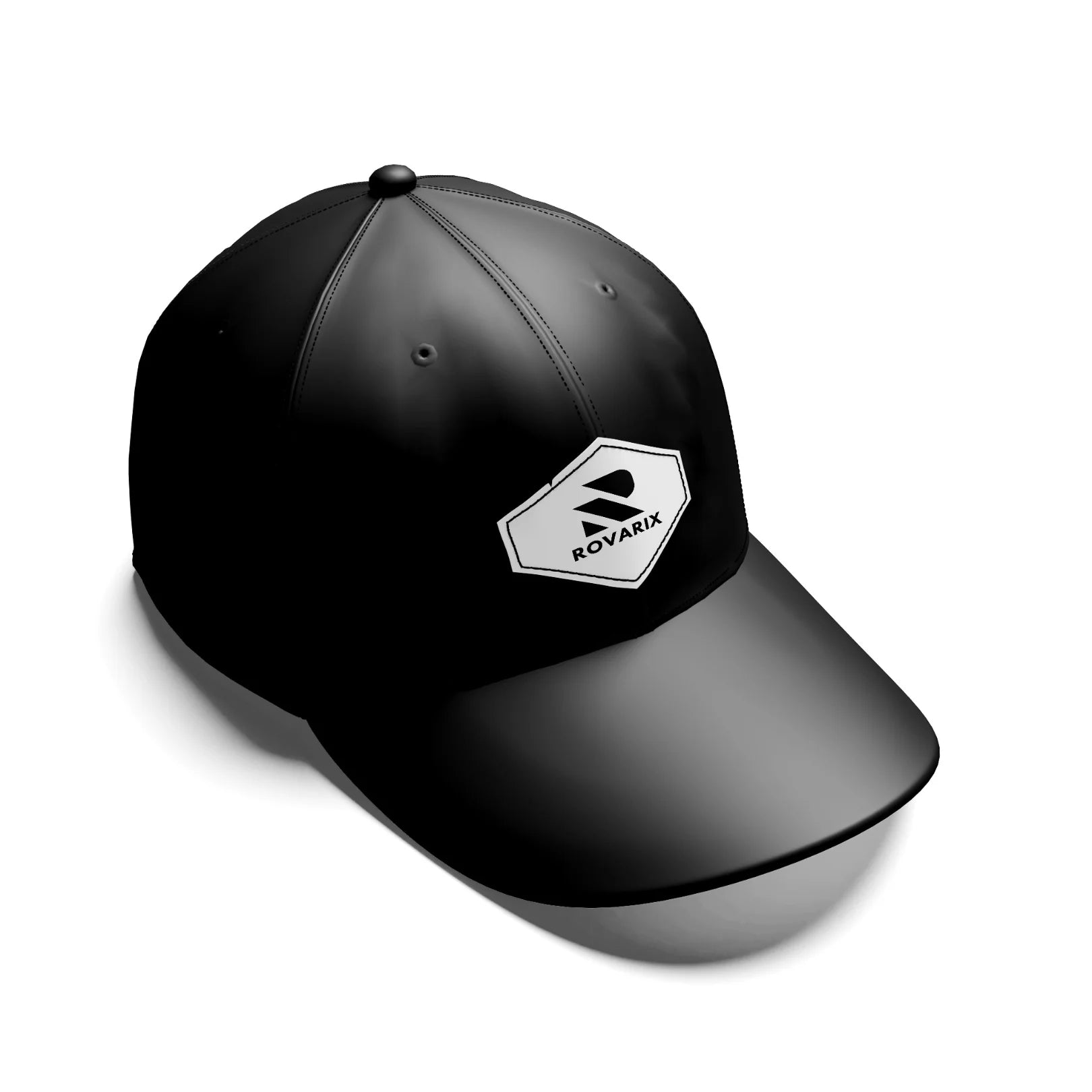 Rovarix black baseball cap with white hexagonal logo patch front angle view