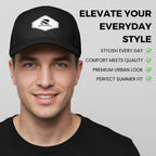 Man wearing a black cap with a brand Rovarix Logo, featuring text about the cap's features on a gray background.