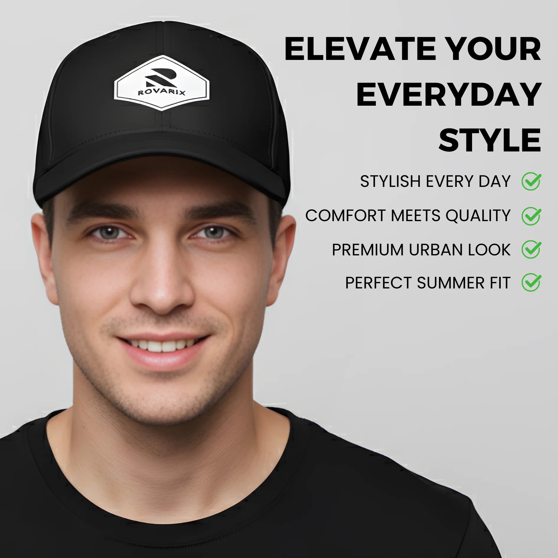 Man wearing a black cap with a brand Rovarix Logo, featuring text about the cap's features on a gray background.