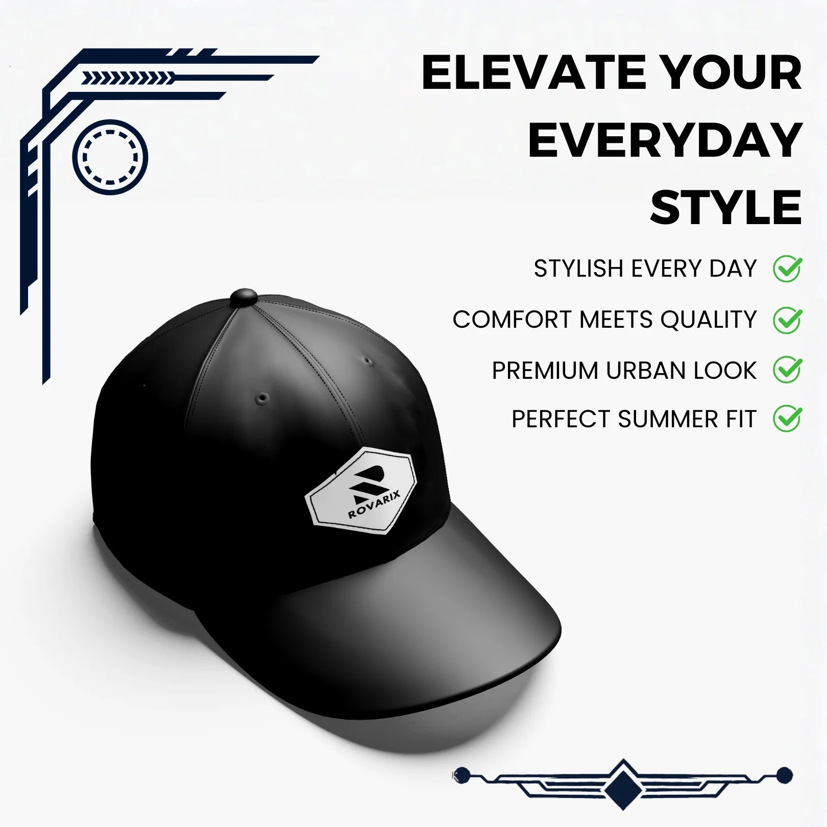 Black cap with a Rovarix brand logo on a white background with text highlighting features.