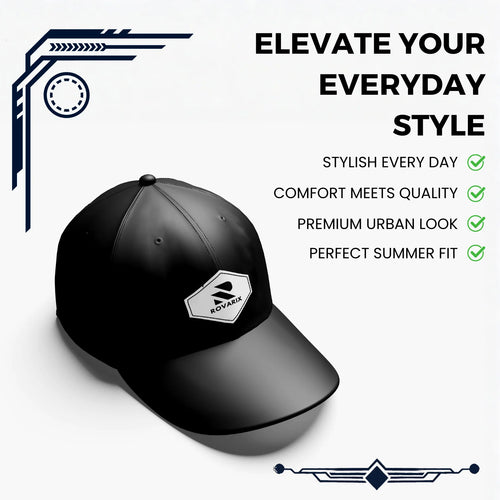 Black cap with a Rovarix brand logo on a white background with text highlighting features.