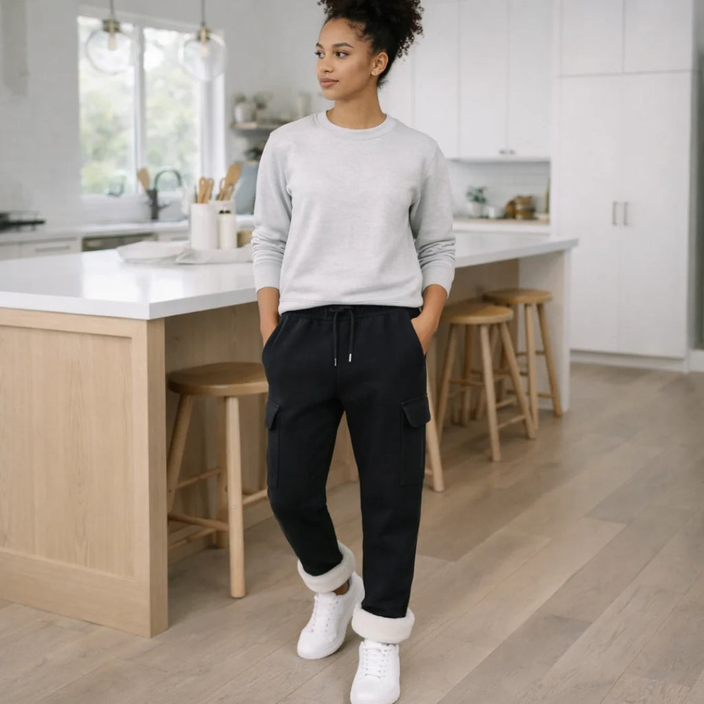 Woman wearing Rovarix black fleece-lined cargo sweatpants loungewear with gray sweatshirt 