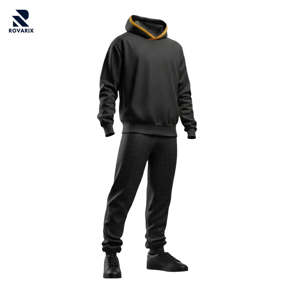Rovarix black tracksuit set with gold hood lining premium fleece hoodie and matching jogger pants