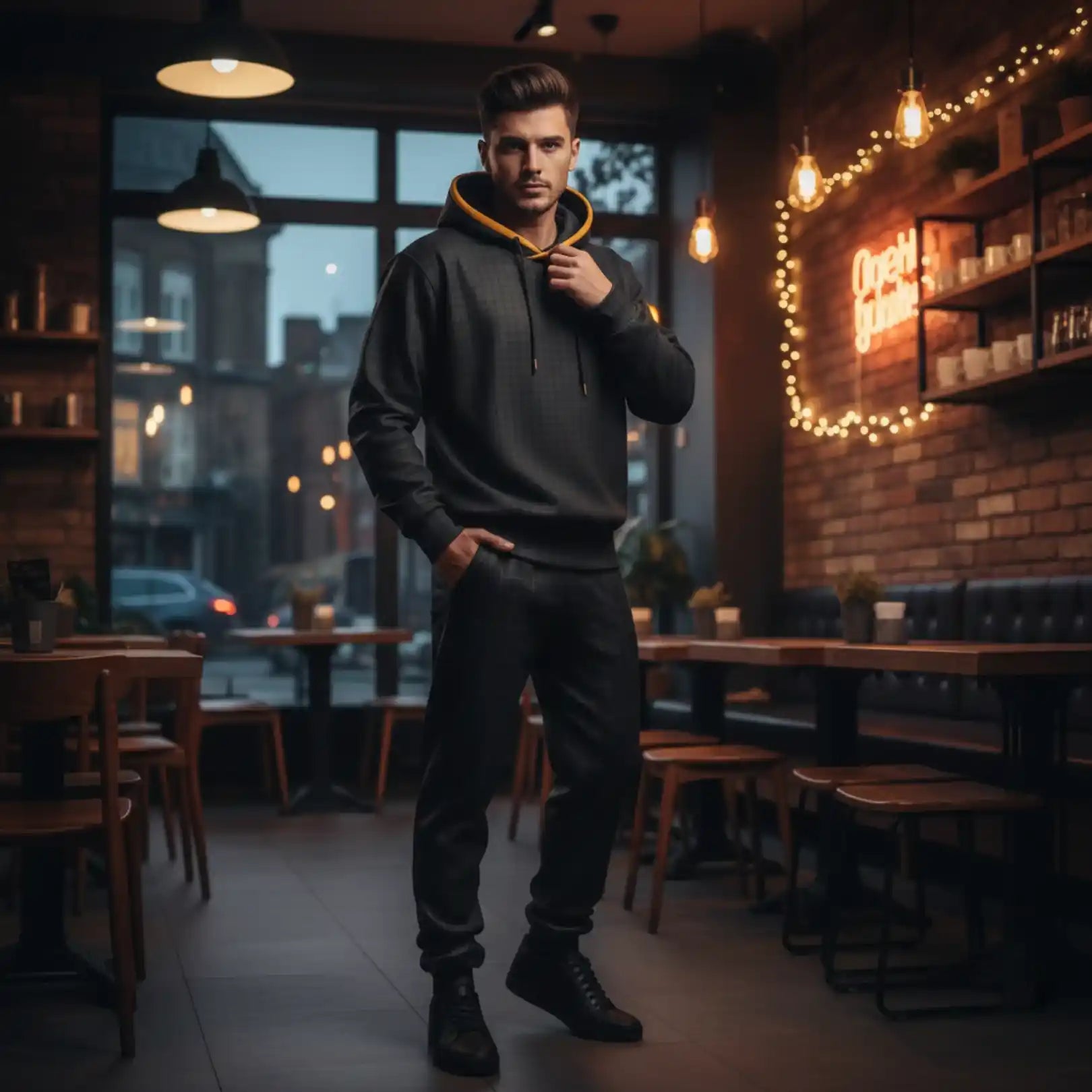 Man wearing Rovarix black and gold tracksuit set in urban cafe setting with modern interior