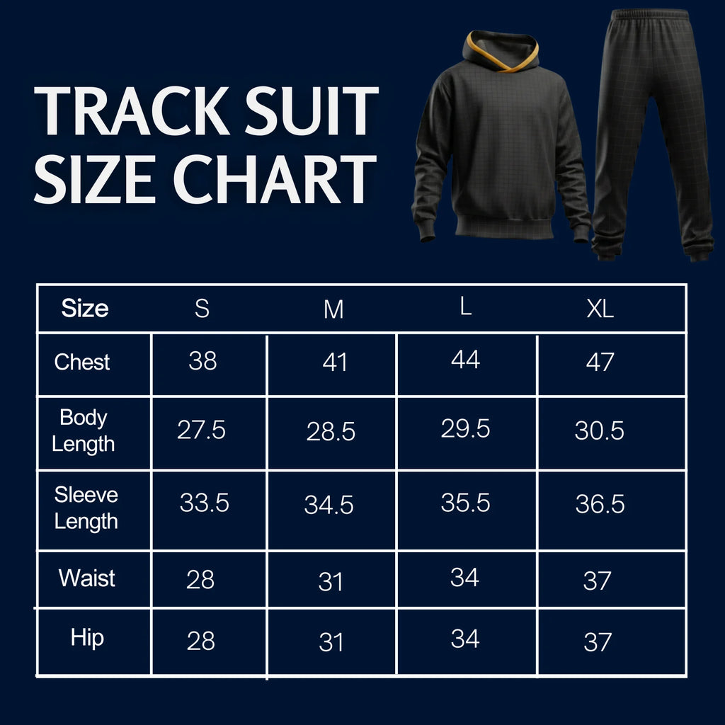 Rovarix tracksuit size chart showing measurements for S M L XL sizes chest waist hip length