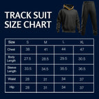 Rovarix tracksuit size chart showing measurements for S M L XL sizes chest waist hip length