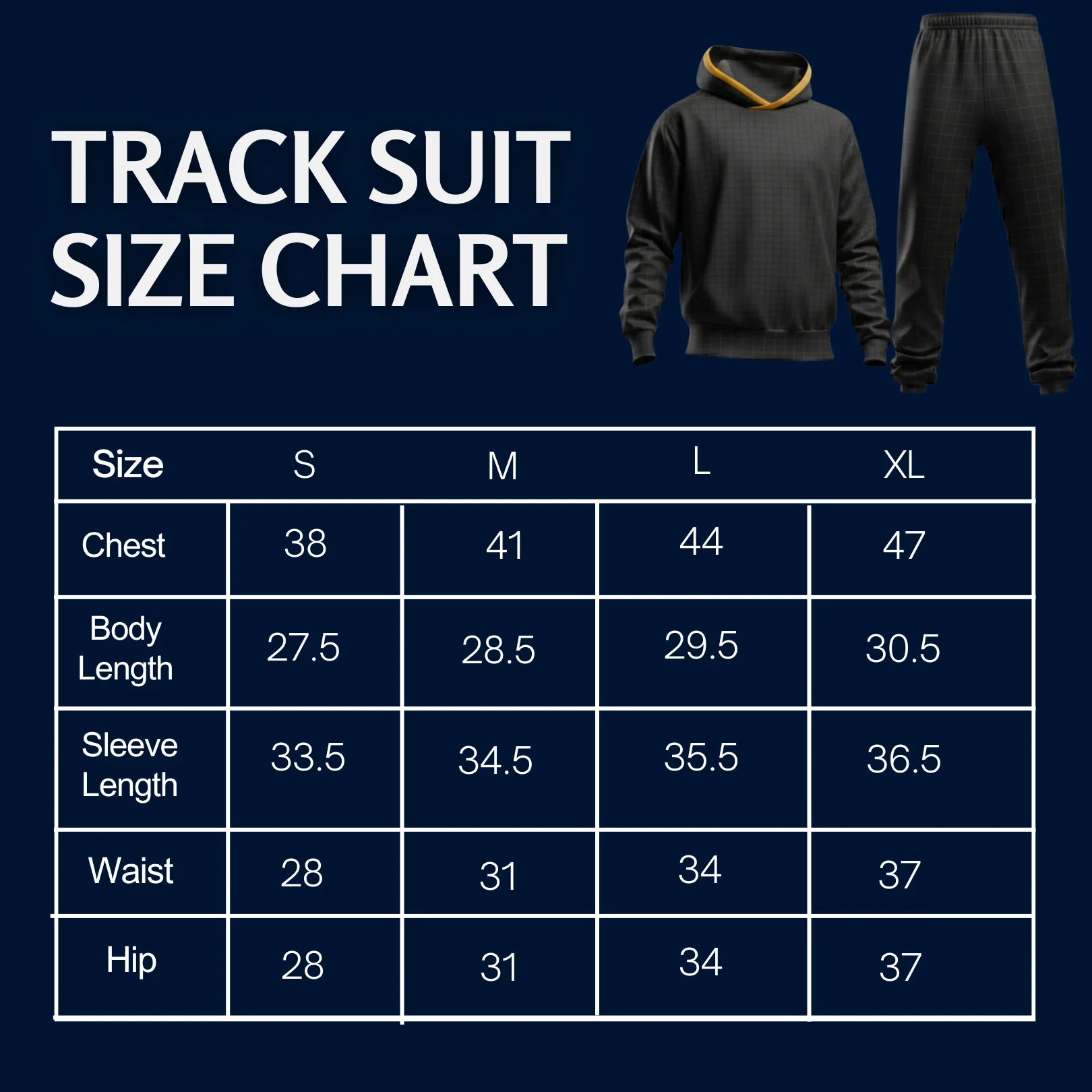 Rovarix tracksuit size chart showing measurements for S M L XL sizes chest waist hip length
