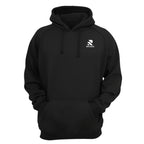 Rovarix black pullover hoodie front view with white logo on chest