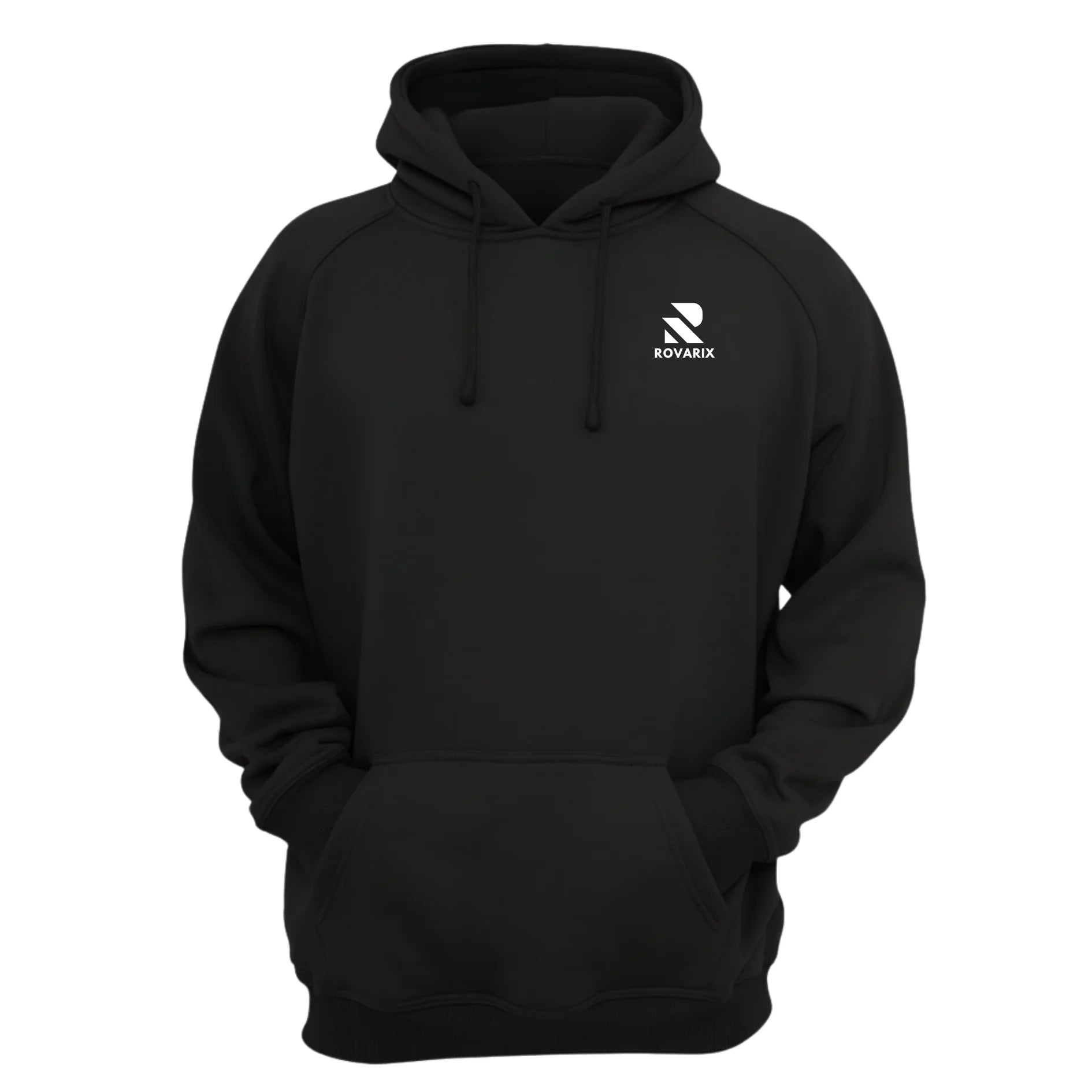 Rovarix black pullover hoodie front view with white logo on chest