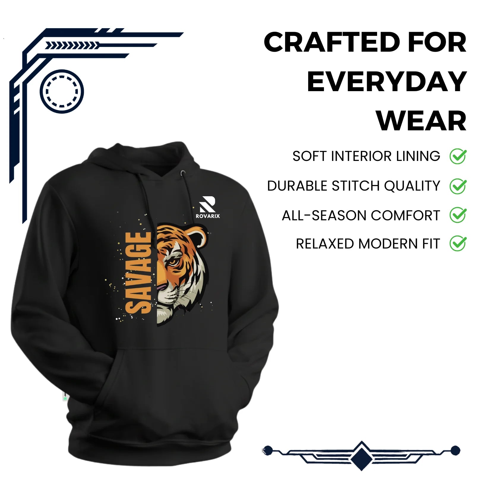 Rovarix black hoodie back view showing minimalist design