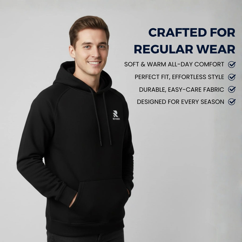 Man wearing a black hoodie with brand Rovarix on a gray background, featuring text about the hoodie's features.