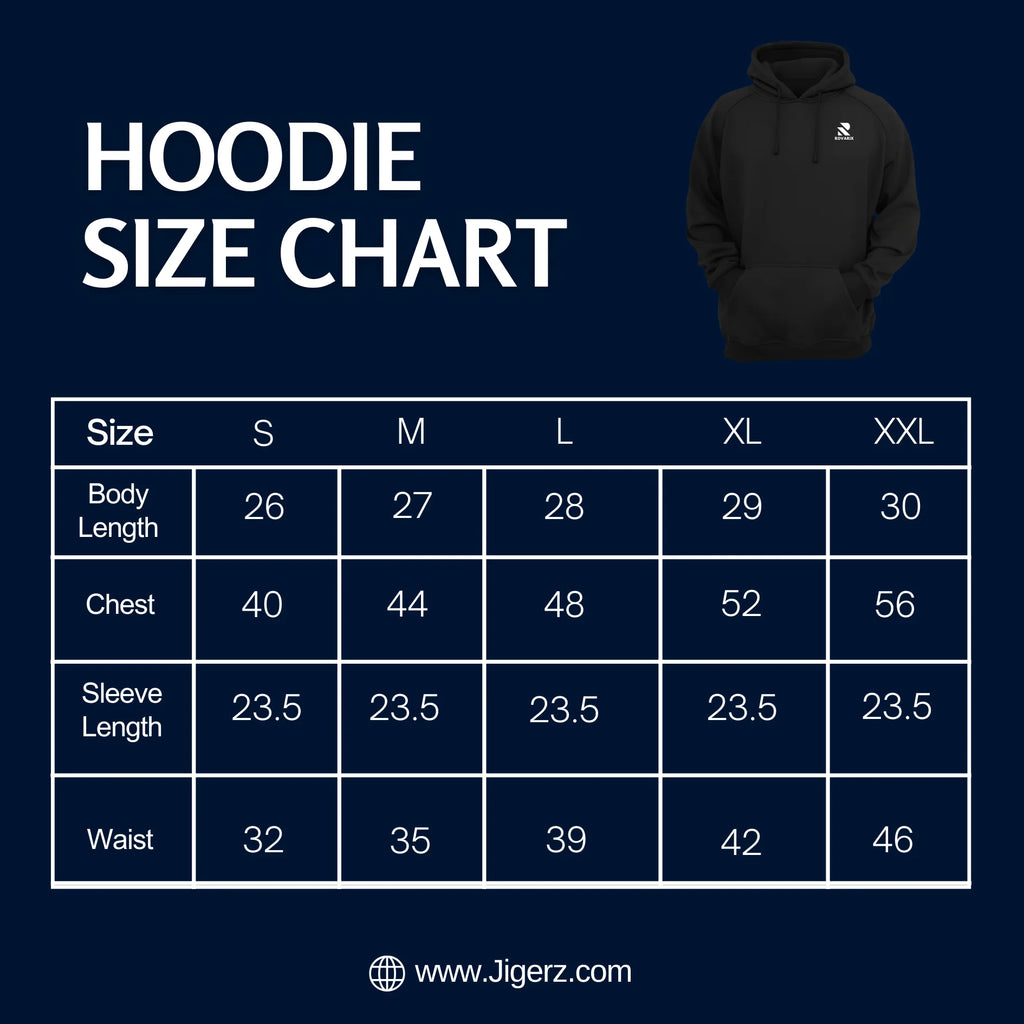 Hoodie size chart with a black hoodie on a navy background