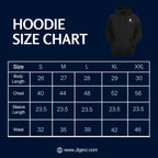 Hoodie size chart with a black hoodie on a navy background
