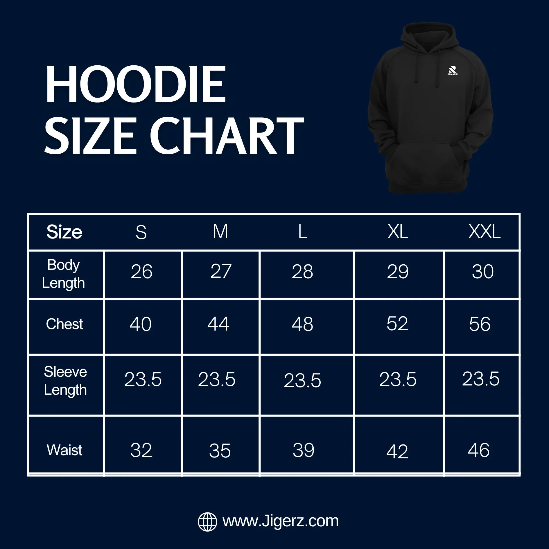 Hoodie size chart with a black hoodie on a navy background