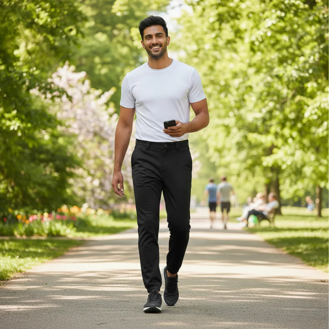 Man wearing Rovarix black tapered jogger loungewear pants with white t-shirt walking