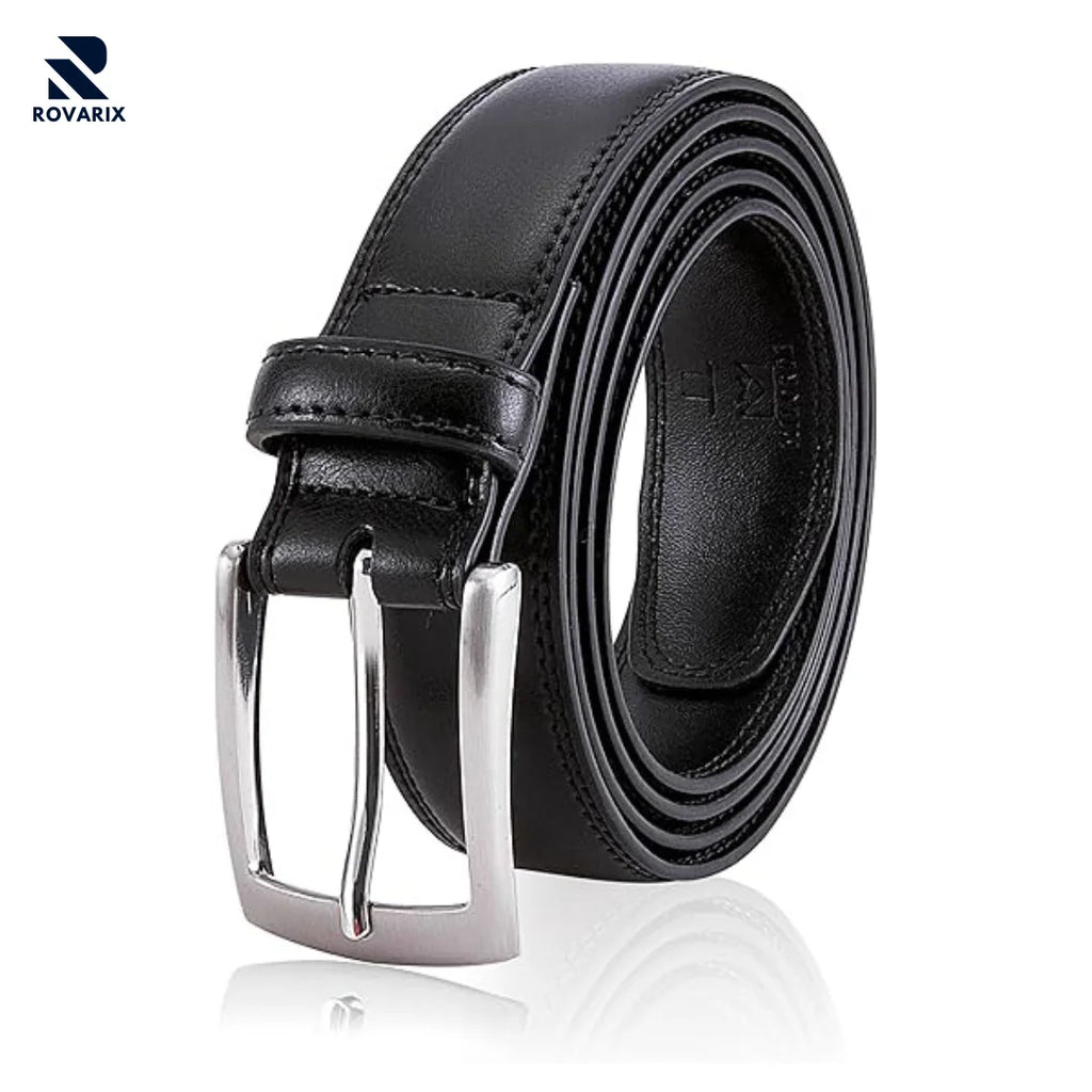 Black leather belt with silver buckle on a white background, featuring the Rovarix brand.