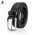 Black leather belt with silver buckle on a white background, featuring the Rovarix brand.