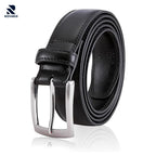 Black leather belt with silver buckle on a white background, featuring the Rovarix brand.