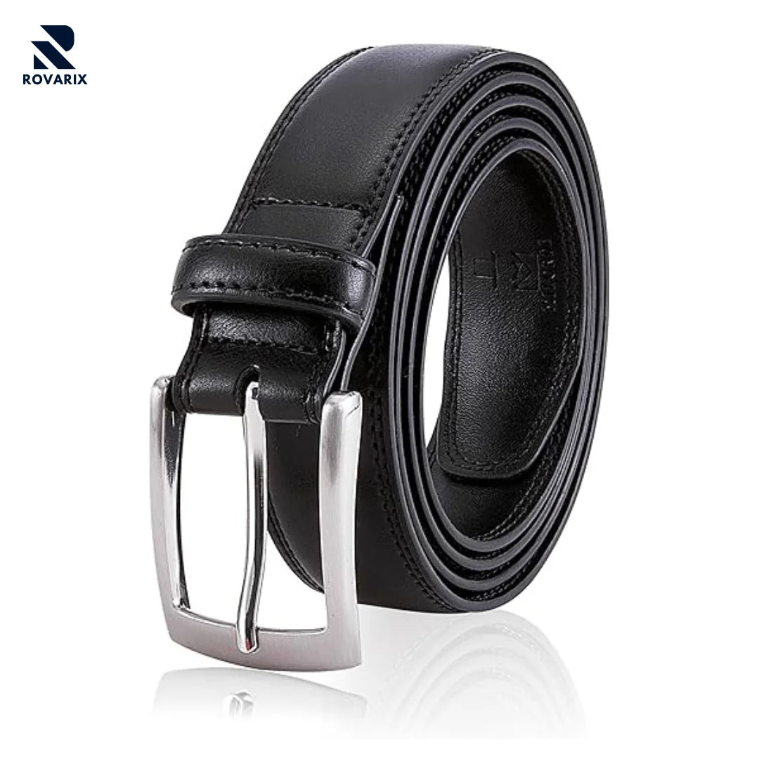 Black leather belt with silver buckle on a white background, featuring the Rovarix brand.