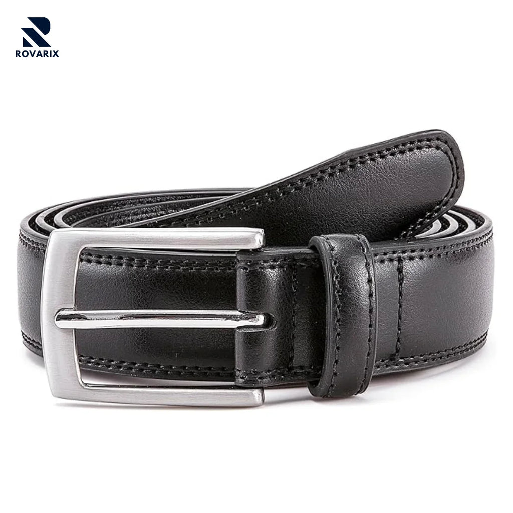 Black leather belt with silver buckle on a white background, featuring the Rovarix brand.