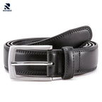 Black leather belt with silver buckle on a white background, featuring the Rovarix brand.