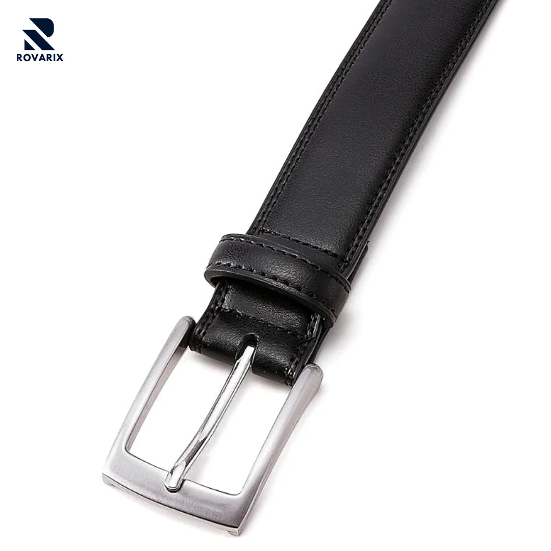 Black leather belt with silver buckle on a white background, featuring the Rovarix brand.