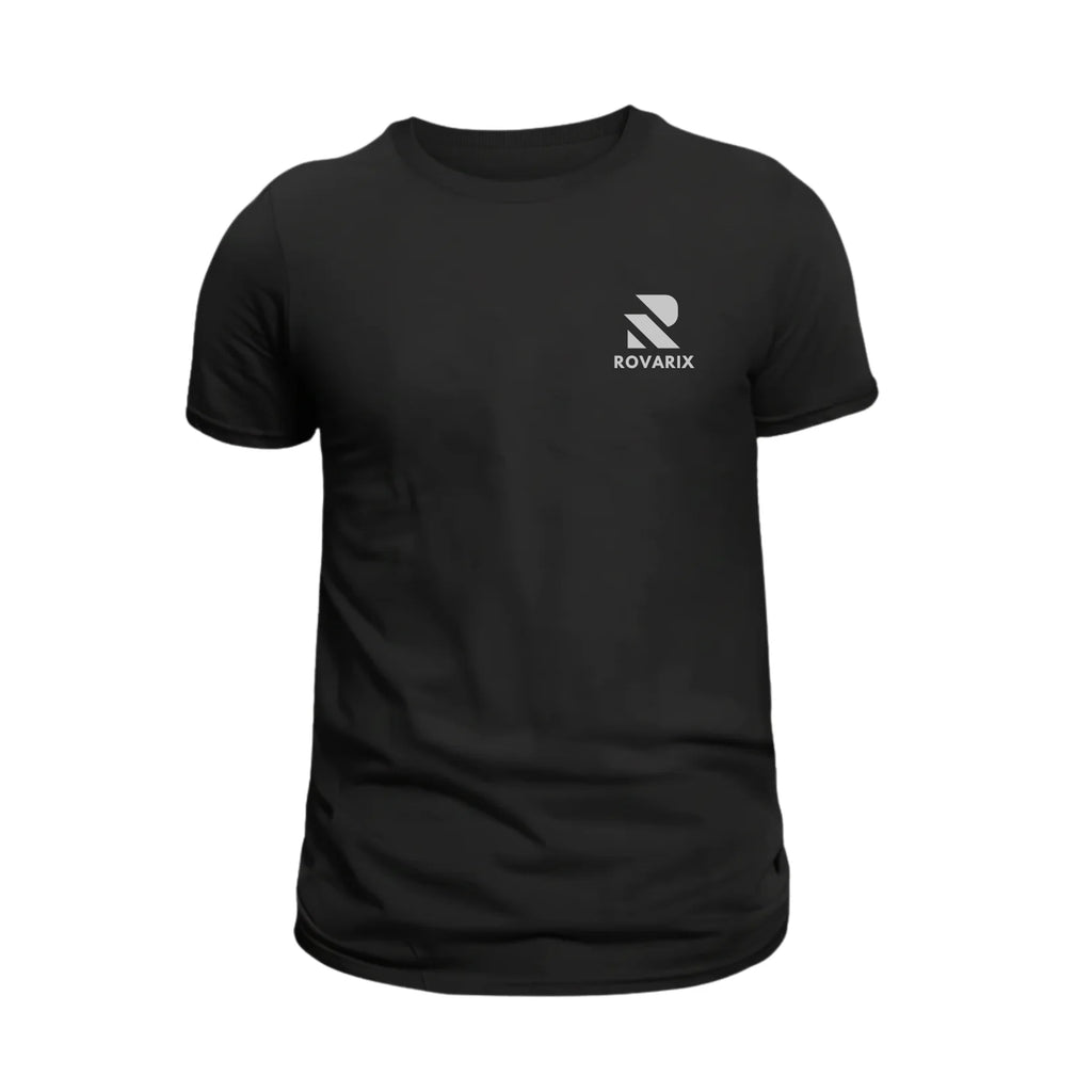 Rovarix black crew neck t-shirt front view with logo on left chest
